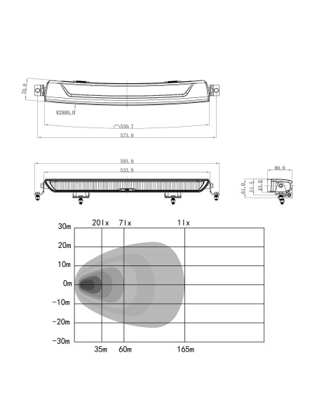OZZ WB1 P20" R65 Black LED work light with red position light and orange strobe, black housing
