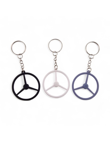 White plastic 3-spoke steering wheel keychain